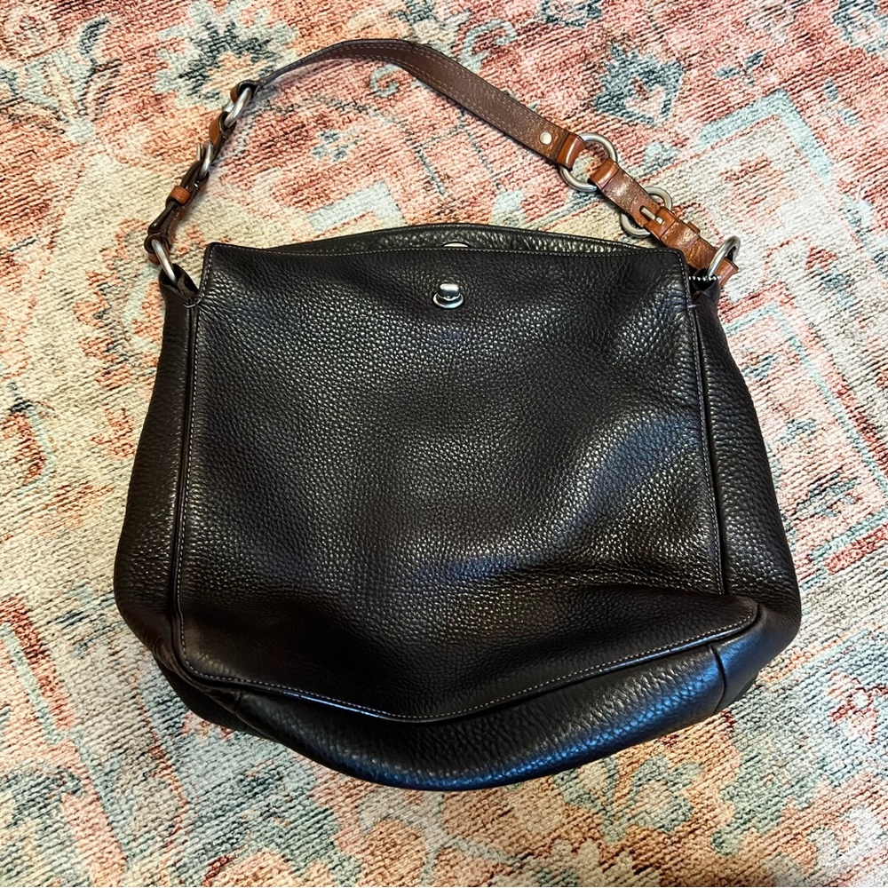 Coach bag, very dark brown soft leather. Great condition. Small stain see photo